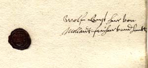 Siegel und Unterschrift des Ernst Wolf Freiherr v. Mollarth, 19. Juni 1620
Stadtarchiv Zwettl (StAZ), Kart. 30